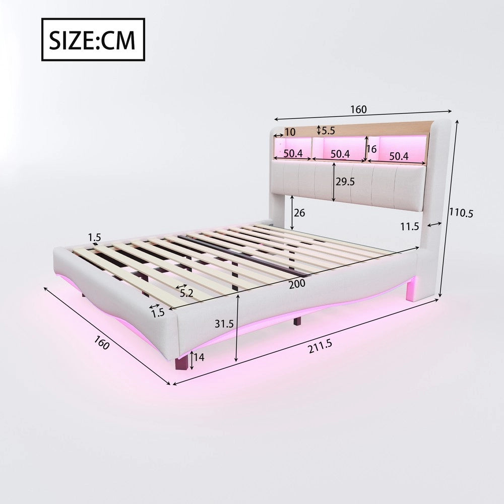 Letto Contenitore Imbottito con LED 160x200 ¨C Xylo ¨C Beige, Tessuto, USB