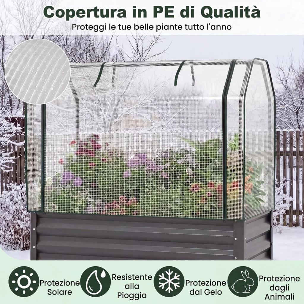 Orto Rialzato da Esterno con Serra, Fioriera Rialzata con Copertura in PE, Porta Avvolgibile con Cerniera e Guanti, Aiuola Rialzata per Verdure, Fiori e Frutta, 112 x 55 x 152 cm (Grigio)