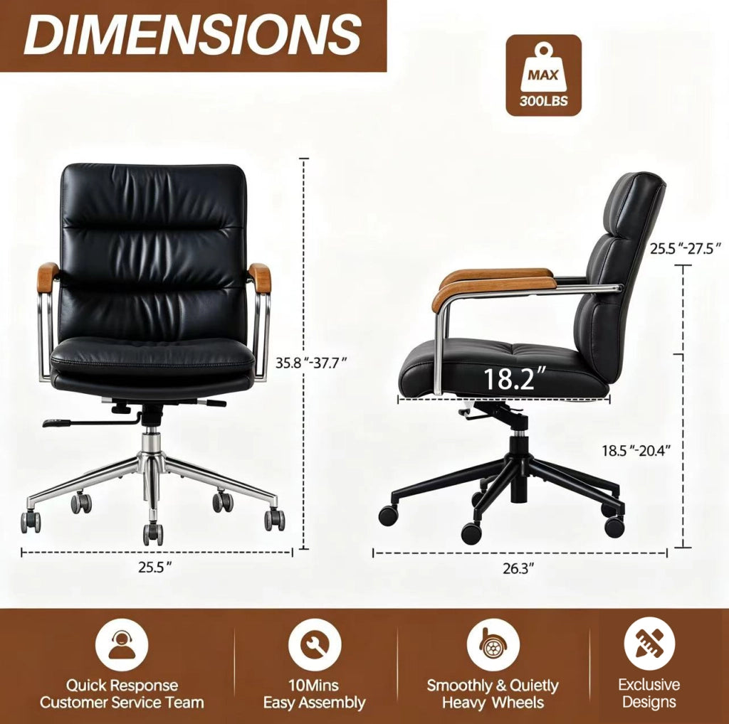 Sedia da ufficio girevole ergonomica regolabile in altezza; pelle e metallo; nera