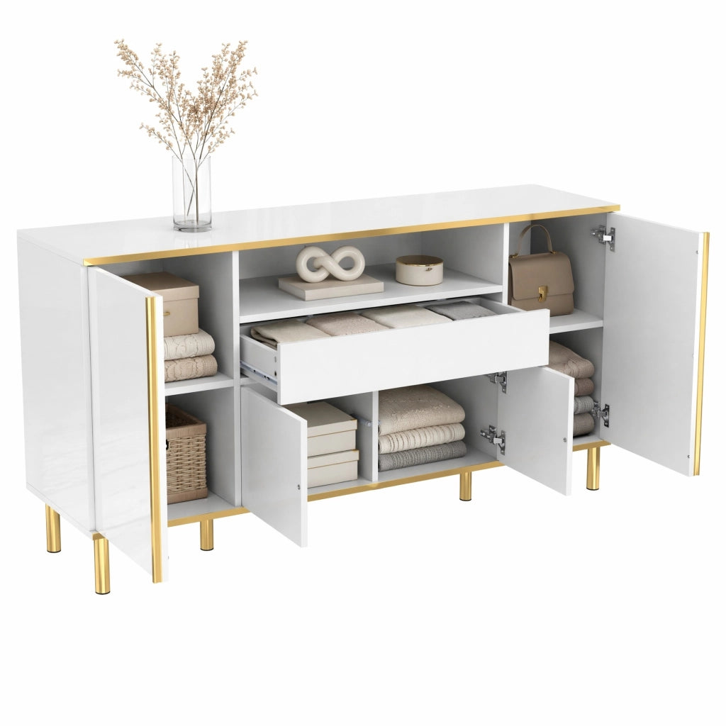 Credenza bianca lucida 150 cm con LED, 4 ante e cassetto