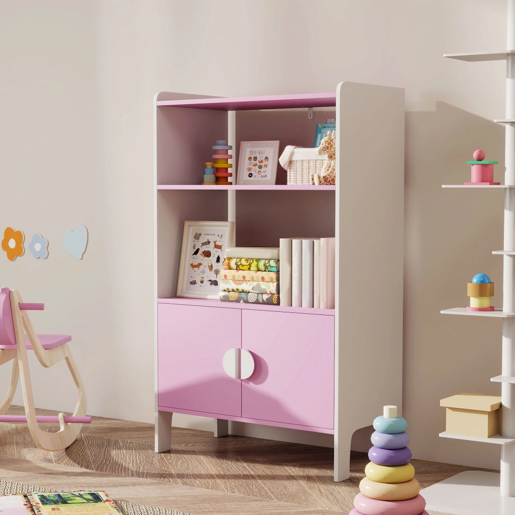 Libreria per bambini con 2 scaffali e 2 ante ¨C zephmum ¨C rosa e bianco