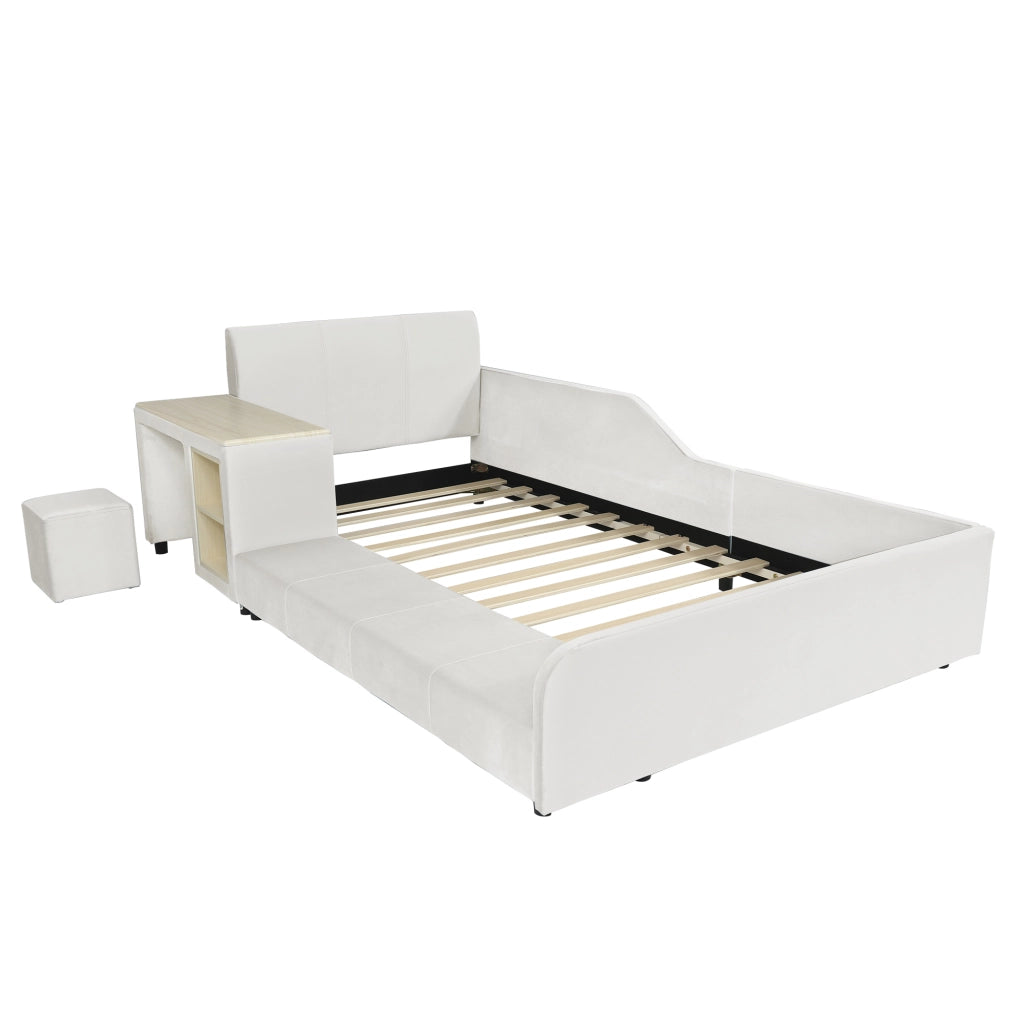OKWISH Letto combinato 90×200 cm, Letto Singolo con Scrivania, Sgabello e Ripiano, senza Materasso, in Velluto, Bianco