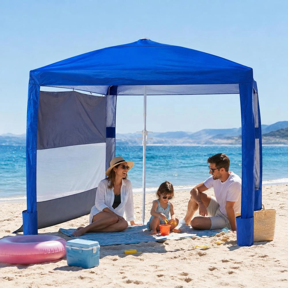 Beach Cabana, 2.4 X 2.4 M Beach Tent With Side Wall, UPF 50+ Sun Protection, Beach Pavilion With Sandbags, Height-adjustable & Portable Sunshade For Family And Friends, Blue