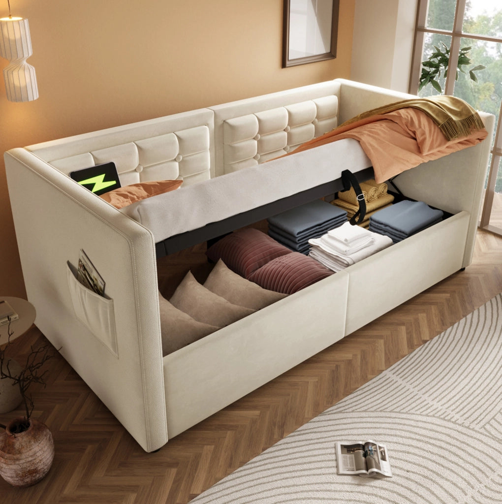 Divano letto 90x200 cm in velluto beige con vano contenitore idraulico e ricarica USB/Type-C