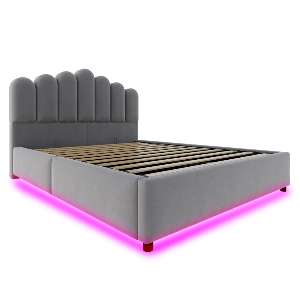 Letto imbottito 140x200 cm con contenitore; LED e testiera unica in velluto grigio