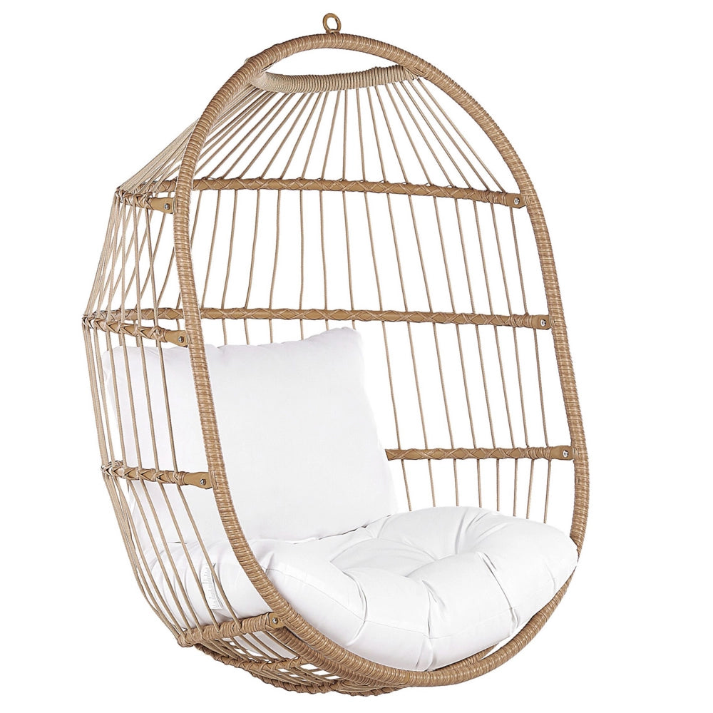 Sedia a uovo sospesa Sedile in corda beige Supporto in acciaio Cuscino morbido Boho Rustico