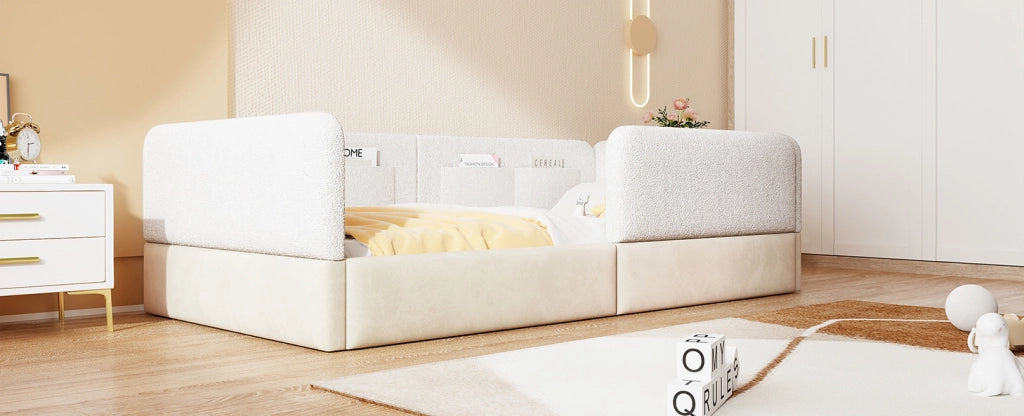 Letto a piattaforma imbottito 90x200 cm con sponde protettive e tasche portaoggetti, bianco