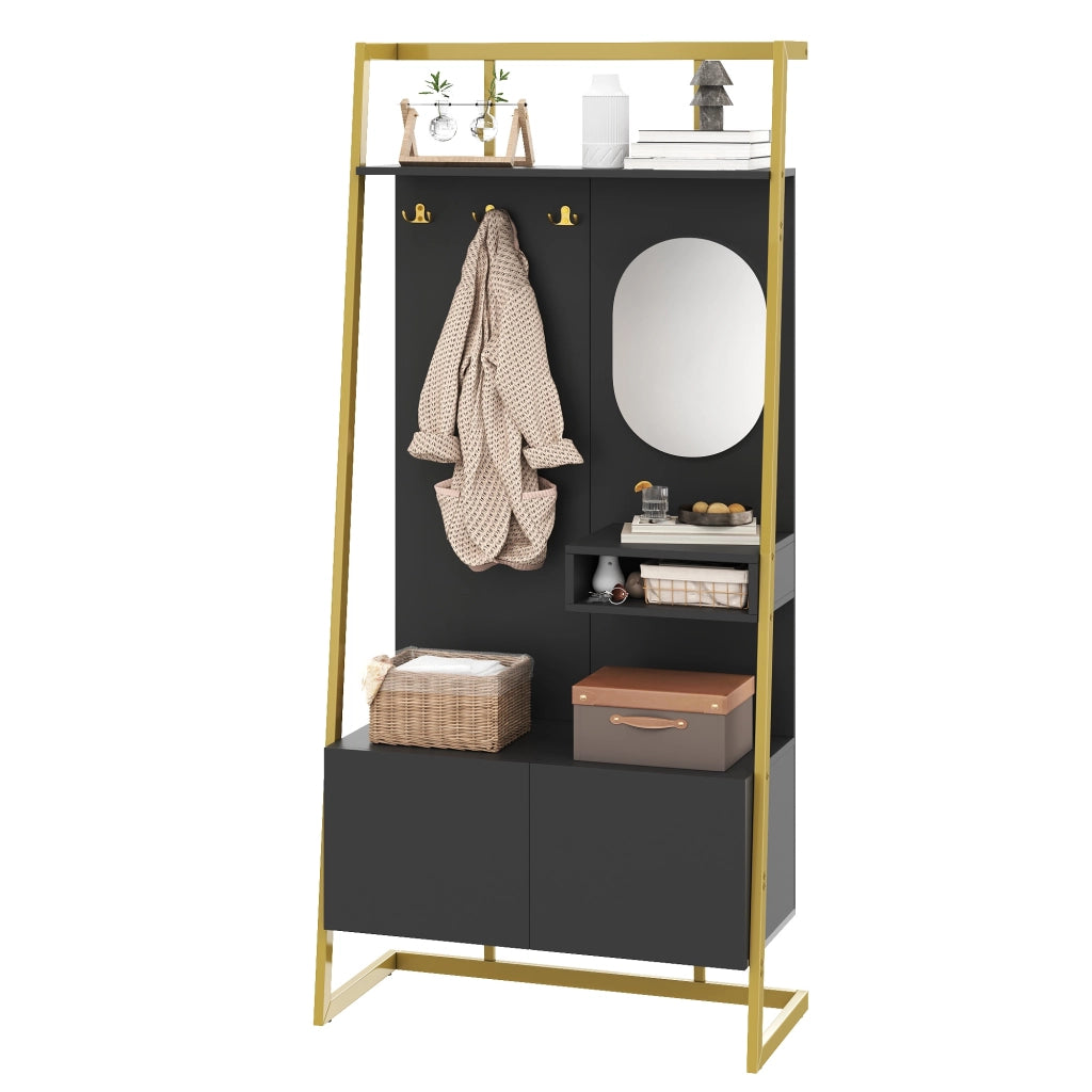 Mobile Ingresso con 2 Ante; Specchio; Ripiani e Ganci in Metallo; Stile Moderno; in MDF; 78??38;5??180;5 cm; Nero