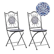 Set di 2 sedie da esterno in metallo pieghevoli con motivo a mosaico blu e struttura in ferro nero stile vintage
