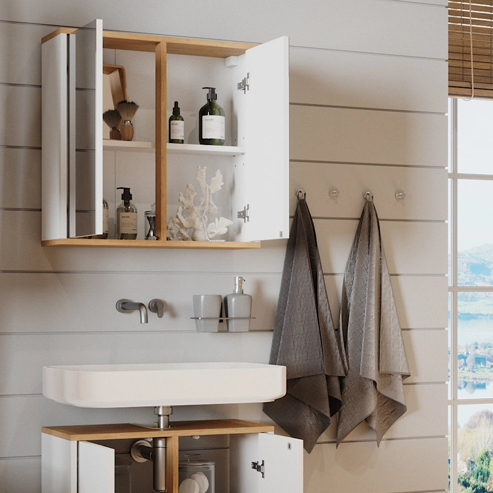 Vicco Specchio contenitore bagno Bianco/Artisan 60 x 60 cm con due porte a specchio