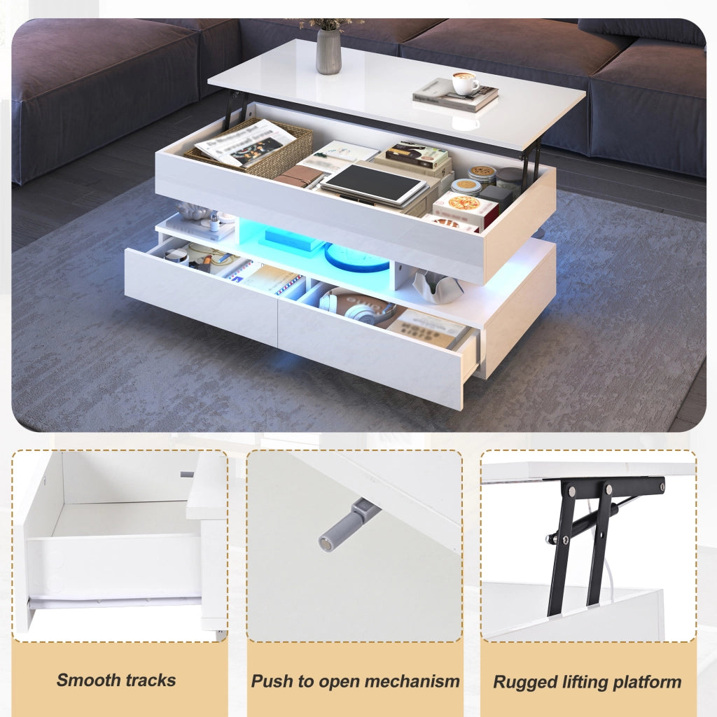Tavolino basso sollevabile con LED, 2 cassetti e vani contenitore, per soggiorno, in truciolare, bianco 100 × 50 × 45 cm