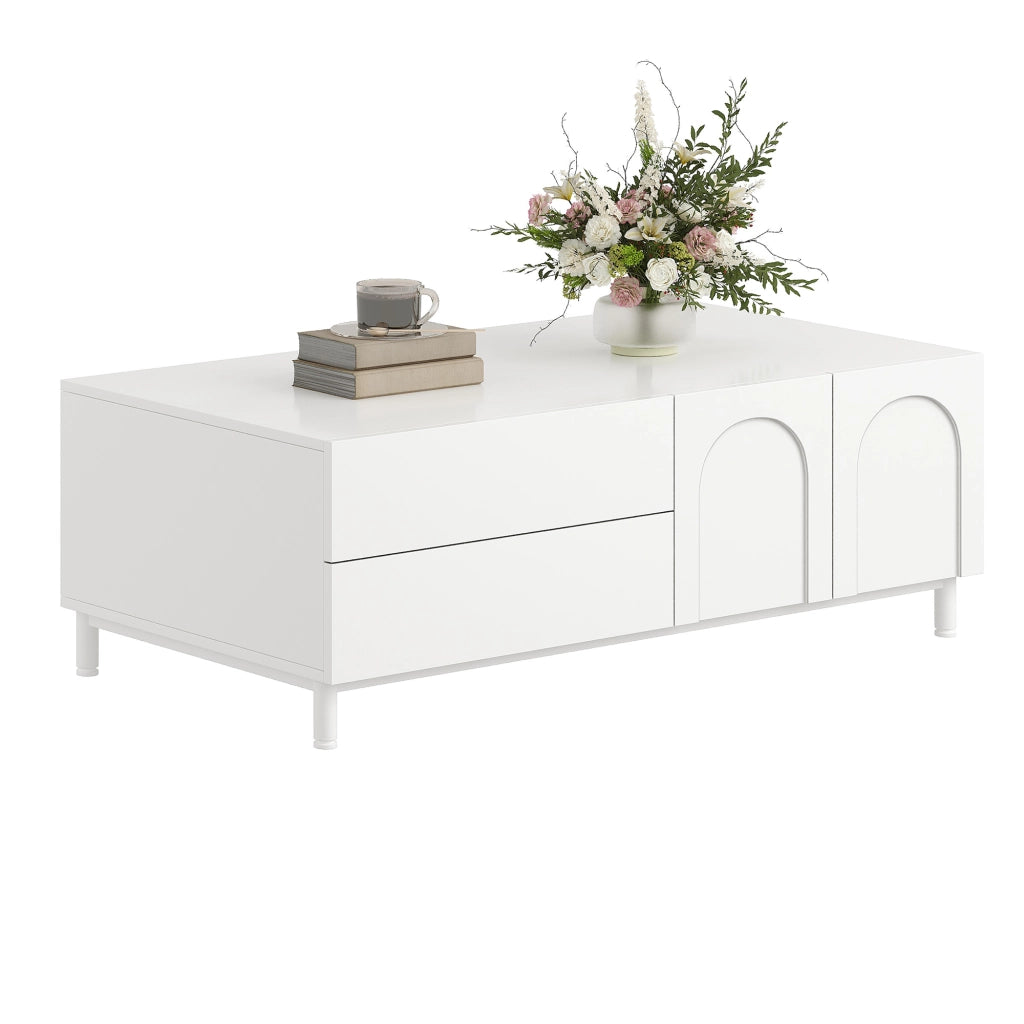 Tavolino da salotto con 2 cassetti e 2 ante; vano chiuso antipolvere; in MDF e pannelli; bianco; 100 × 50 × 39.5 cm