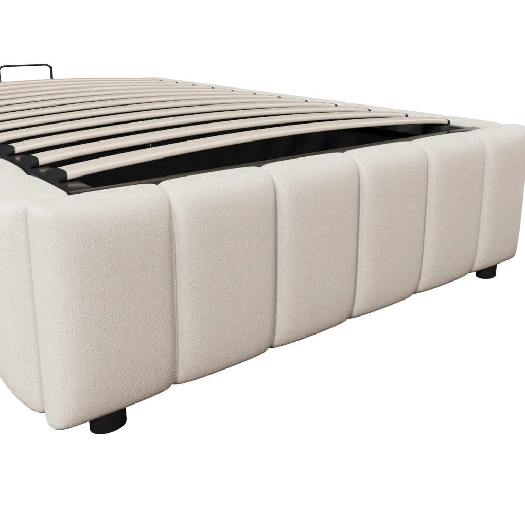 Letto imbottito 90x200 cm con contenitore idraulico; senza testiera; in lino beige