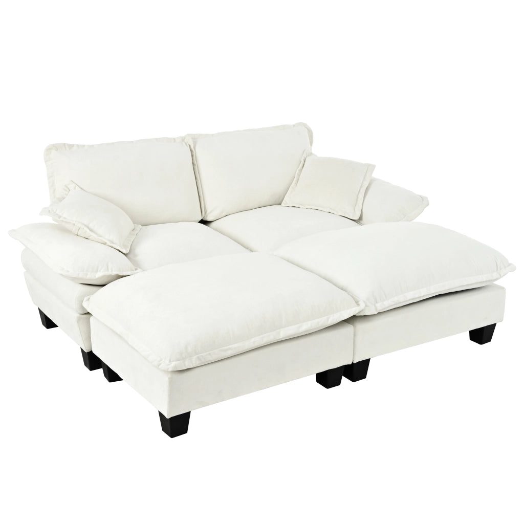 Divano modulare con 2 pouf mobili e 2 cuscini; braccioli rimovibili in ciniglia beige 194×151×90 cm