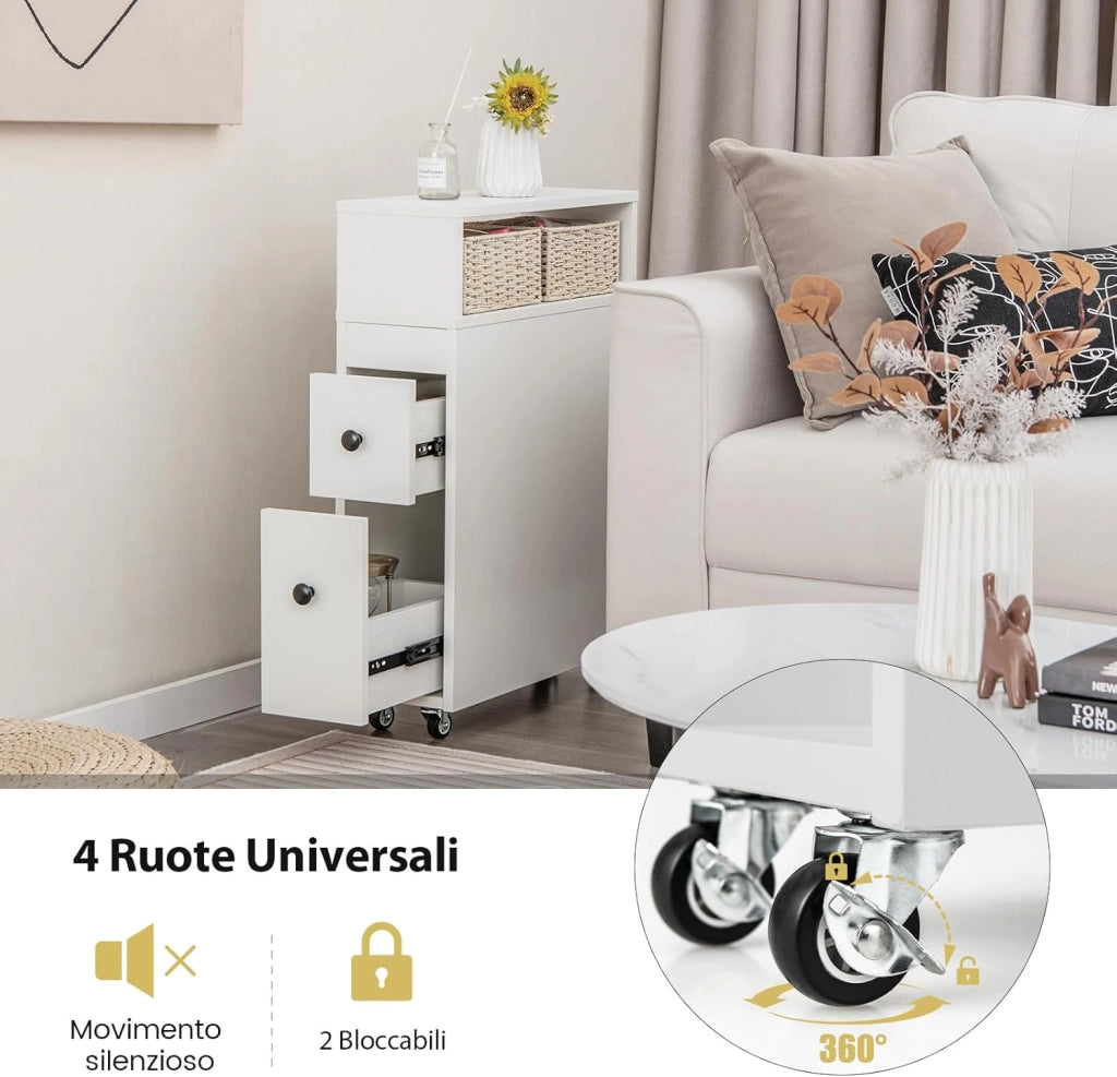 Mobile Bagno 50 x 19 x 72 cm, Arredo Salvaspazio con 2 Cassetti, 2 Cesti in Rattan, Ruote e Ripiani, Armadietto Stretto per Spazi Ridotti, Salotto e Cucina (Bianco)