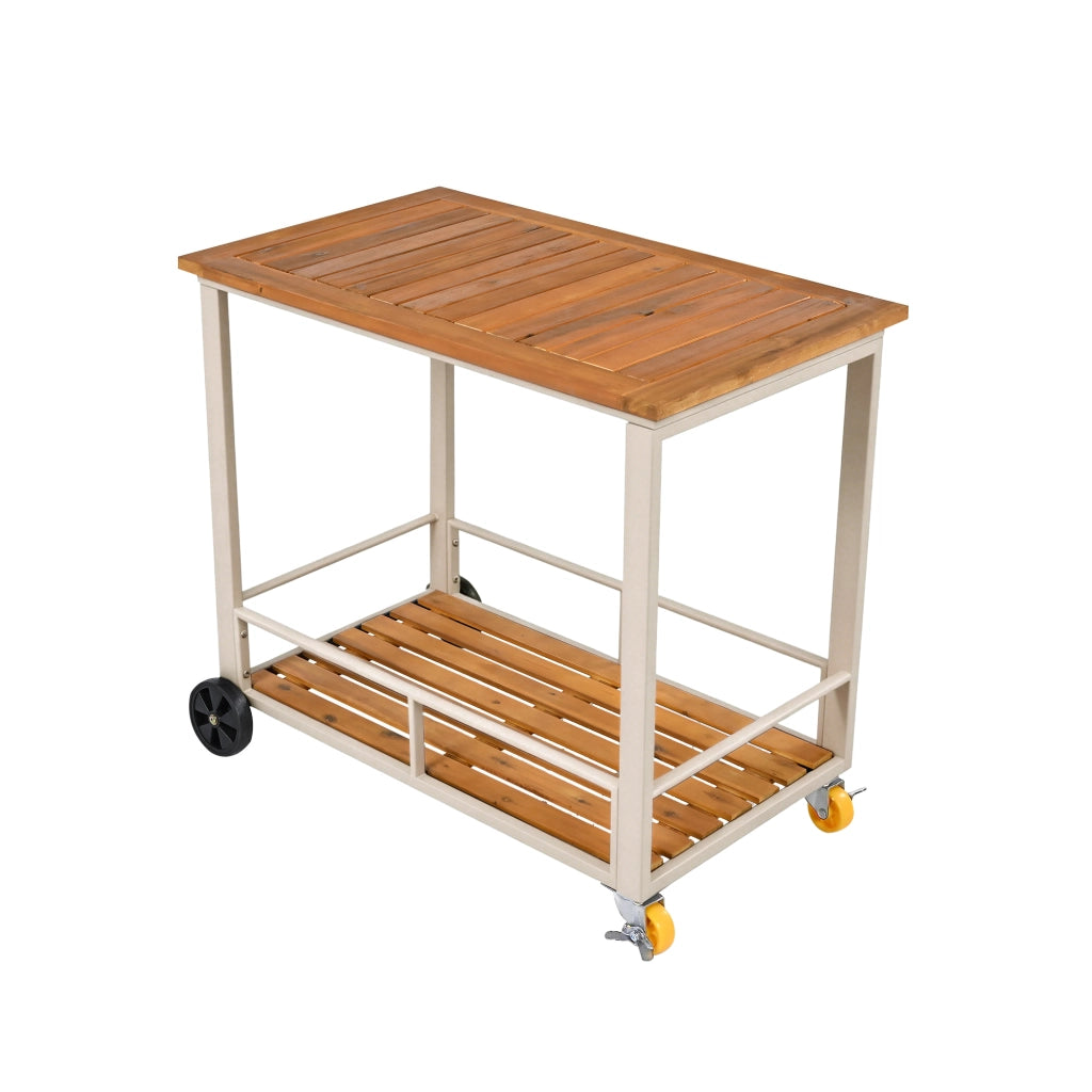 Set Tavolo e Sedie da Giardino con 1 Divano 2 Posti; 2 Sedie; 2 Sgabelli; 1 Tavolo e 1 Carrello; Acacia; Metallo e Tessuto; Beige e Naturale