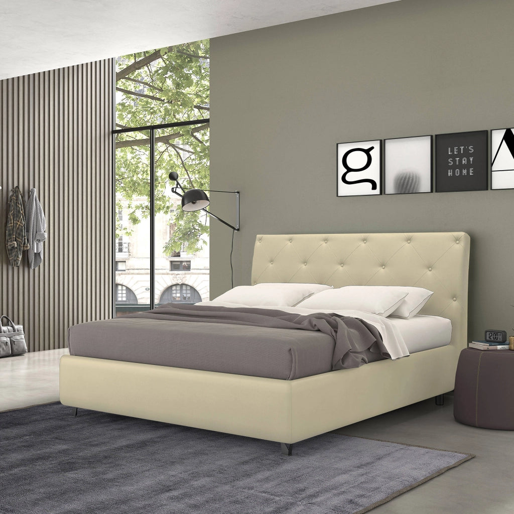 Talamo Italia Letto contenitore piazza e mezza Mozart, Made in Italy, Struttura in tessuto imbottito, Adatto a materasso 120x190 cm, Panna