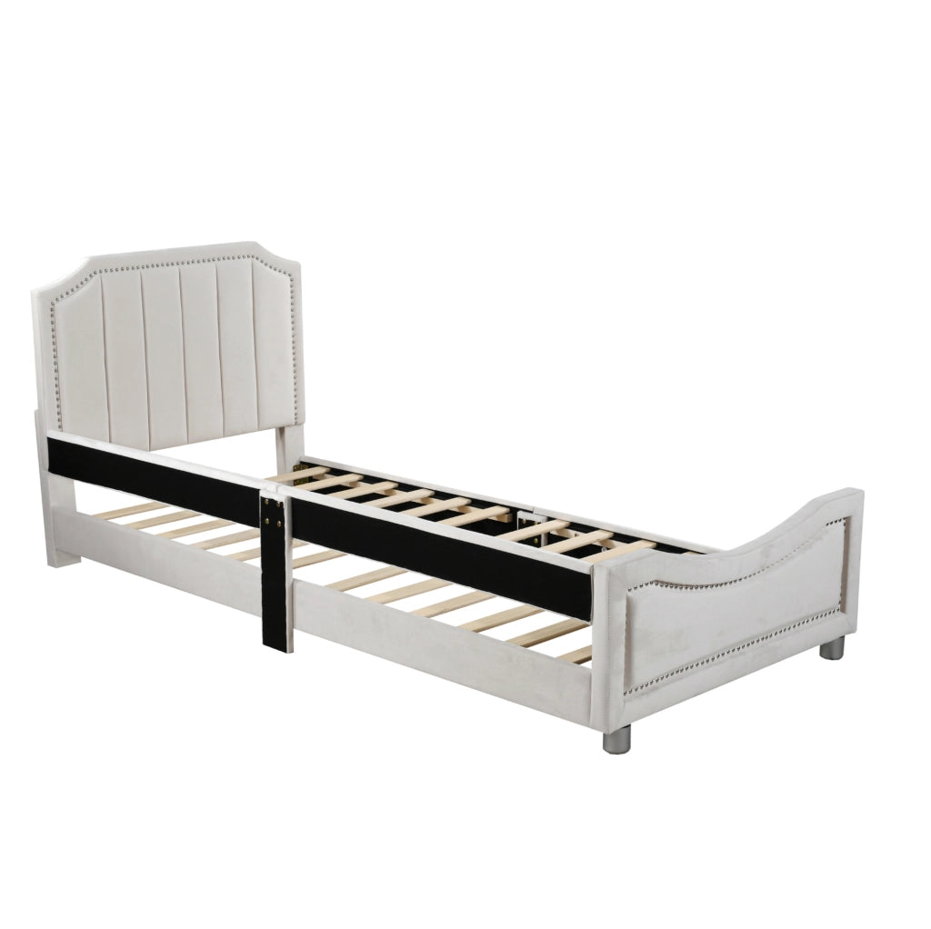 Letto imbottito per bambini beige in flanella con schienale e rete a doghe