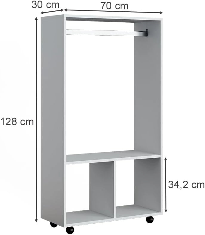 Armadio multifunzione Sydney, Bianco, 70 x 128 cm, su ruote per utilizzo flessibile e facile spostamento