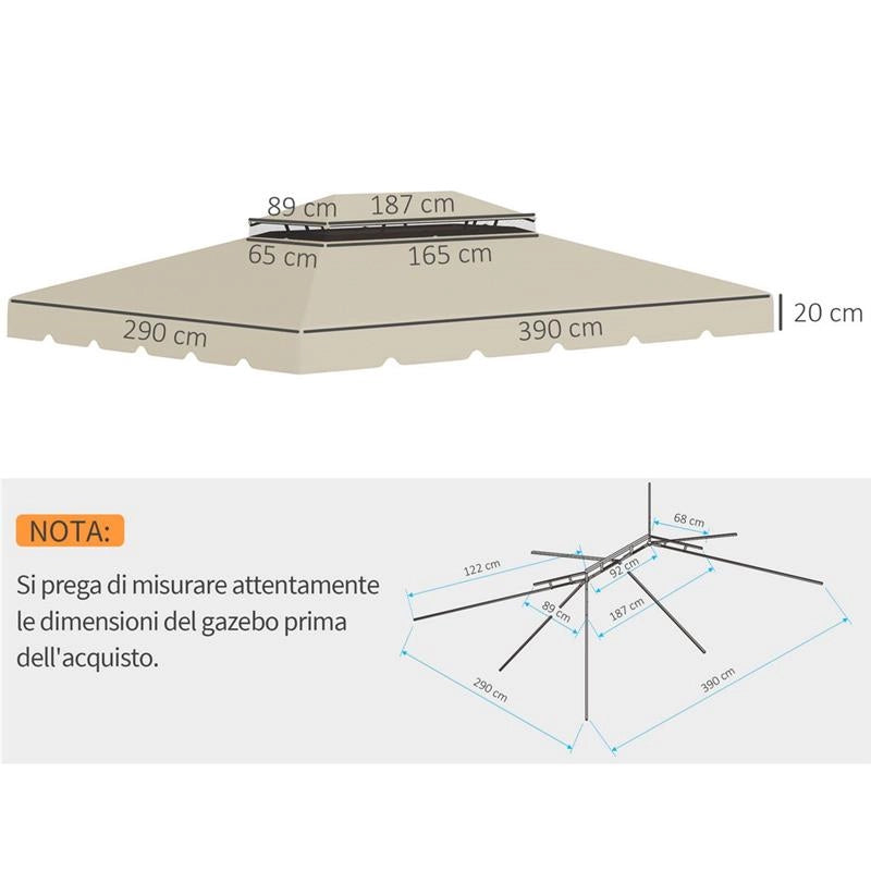 TETTUCCIO DI RICAMBIO PER GAZEBO DA GIARDINO 3X4M CON TETTO A 2 LIVELLI IN POLIESTERE BEIGE
