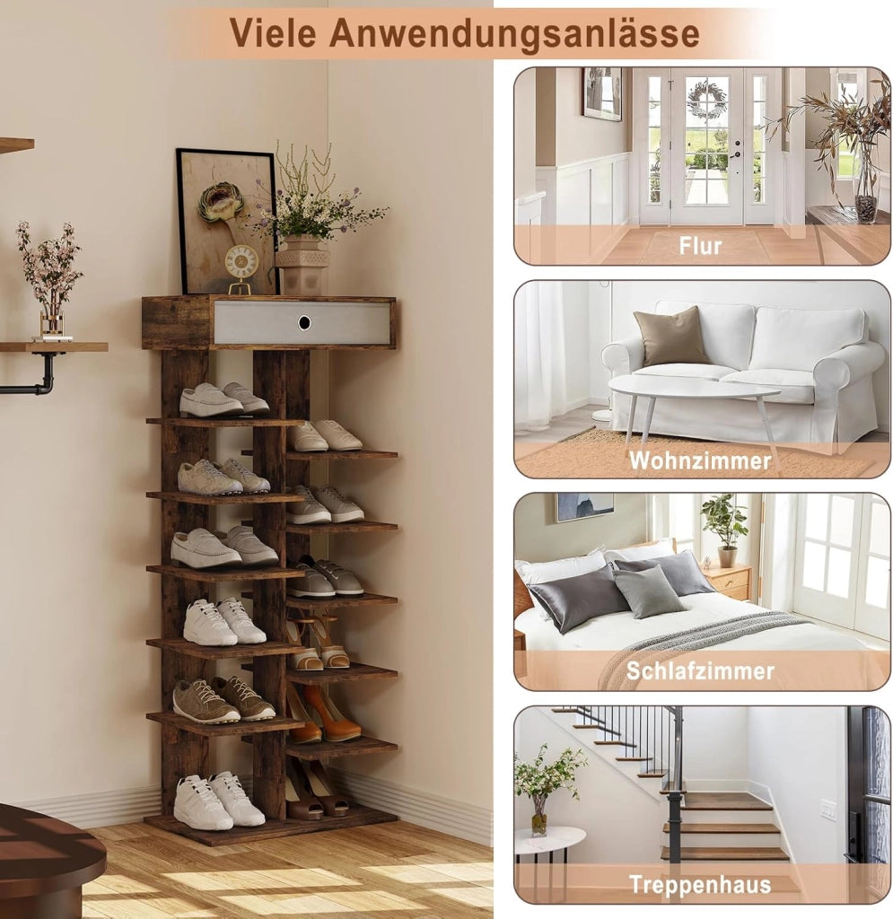 Scarpiera con cassetto, effetto legno, scarpiera con 12 ripiani, organizer per scarpe, per ingresso, corridoio, soggiorno, 49,5 x 118 x 30 cm