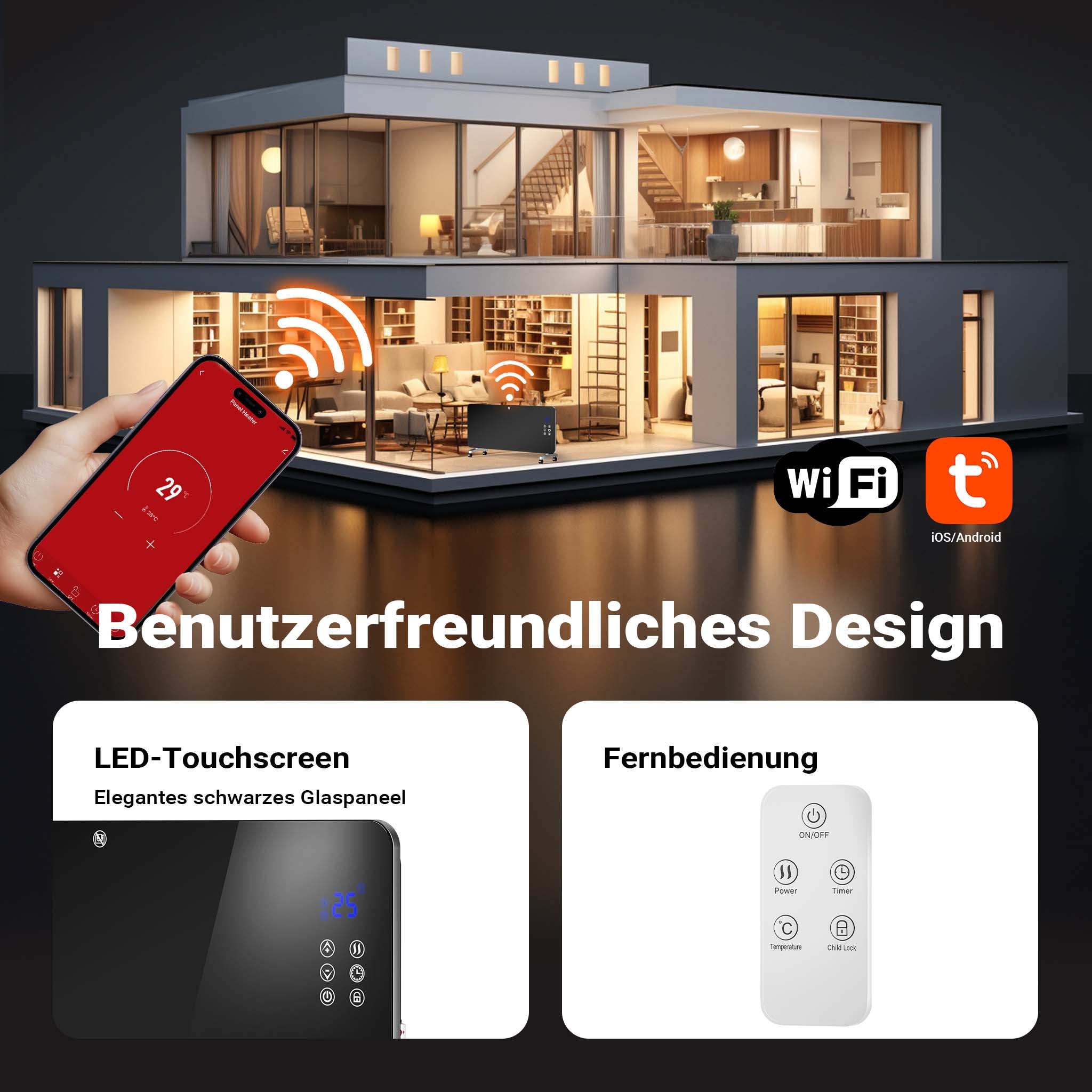 Termoconvettore elettrico in vetro temperato 2000W, controllo Wi-Fi e telecomando, Display LED, IP24