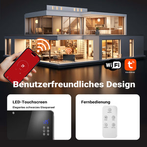 Termoconvettore elettrico in vetro temperato 2000W, controllo Wi-Fi e telecomando, Display LED, IP24