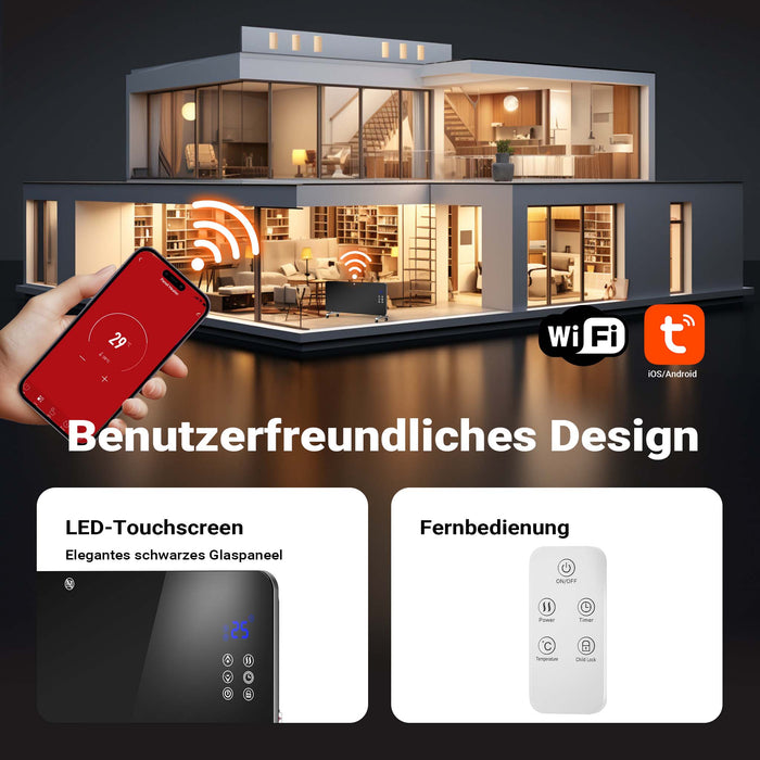 Termoconvettore elettrico in vetro temperato 2000W, controllo Wi-Fi e telecomando, Display LED, IP24