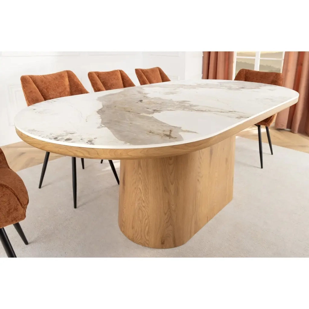 Tavolo da pranzo LUMEA – Ovale 200 cm – Effetto marmo bianco – Piede largo – Stile contemporaneo