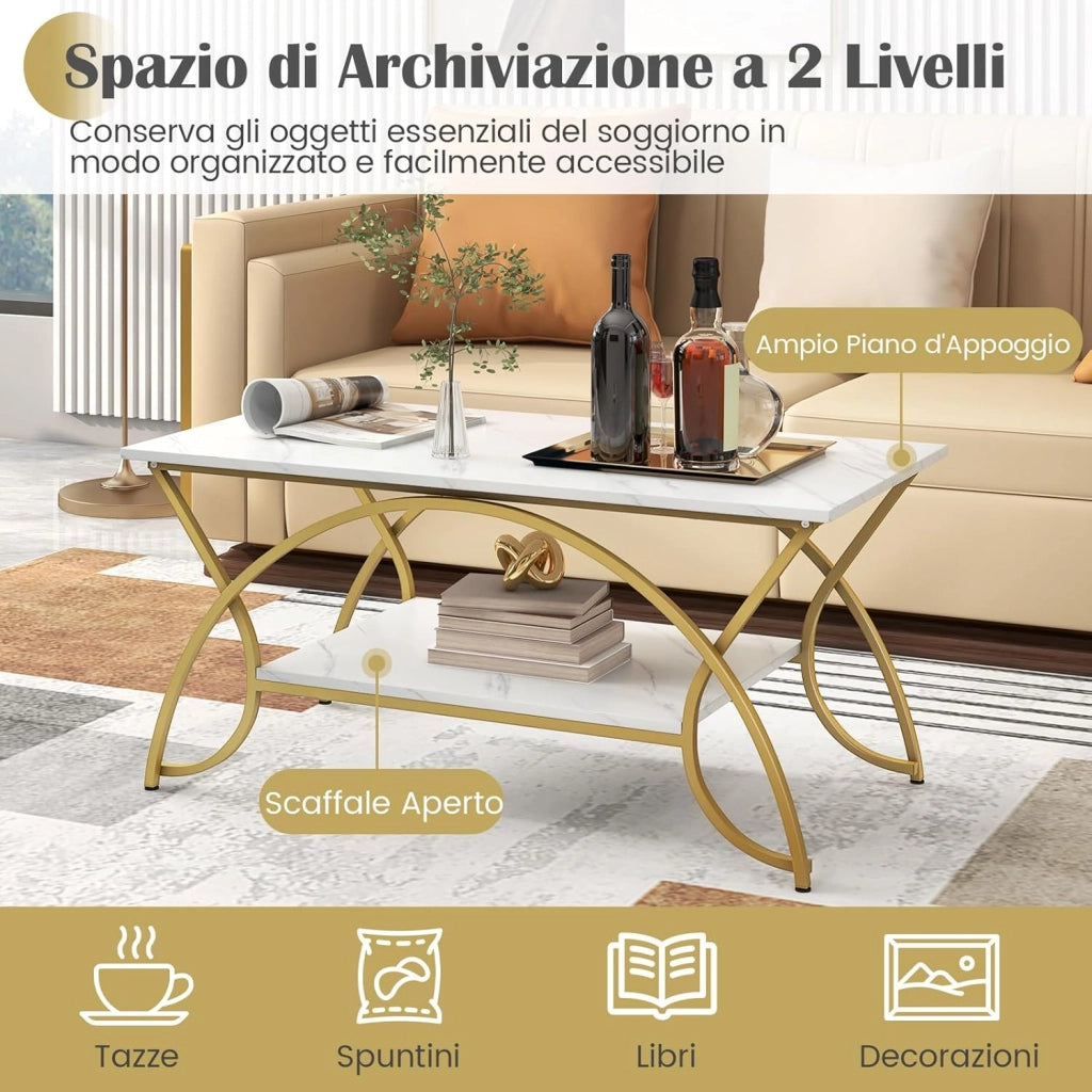 Tavolino da Caffè da Salotto, Tavolino Rettangolare a 2 Livelli con Struttura in Metallo, Tavolino Elegante e Moderno per Studio, Ufficio e Soggiorno, 100 x 50 x 45 cm (bianco e oro)