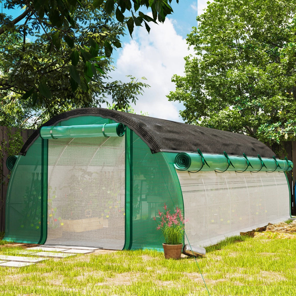Serra tunnel 6 x 3 x 2 m in plastica verde con rete ombreggiante, porta arrotolabile, finestre e telaio in acciaio zincato