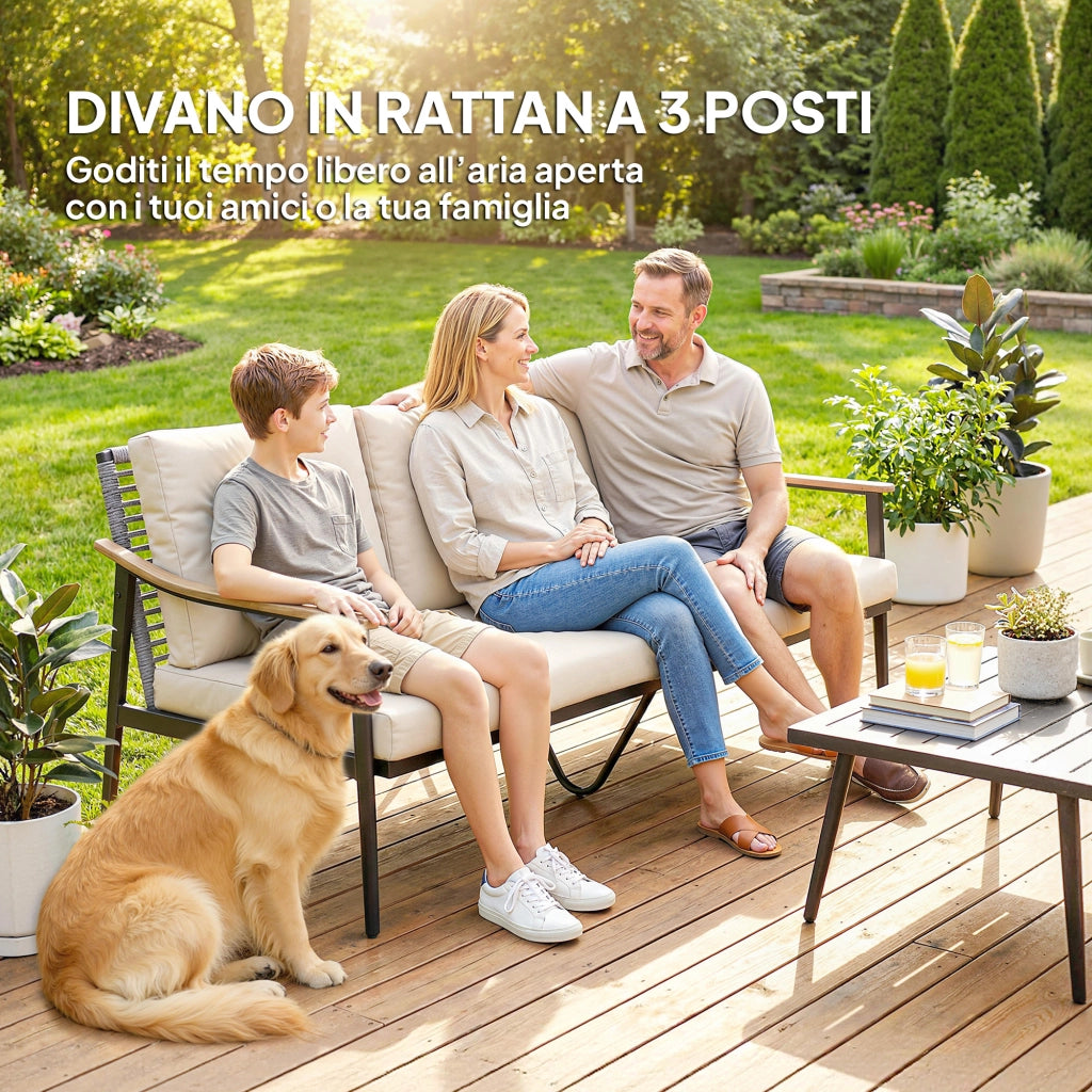 Divano da Esterno a 3 Posti 176x75x78 cm con Braccioli Effetto Legno e Schienale in Rattan Cachi