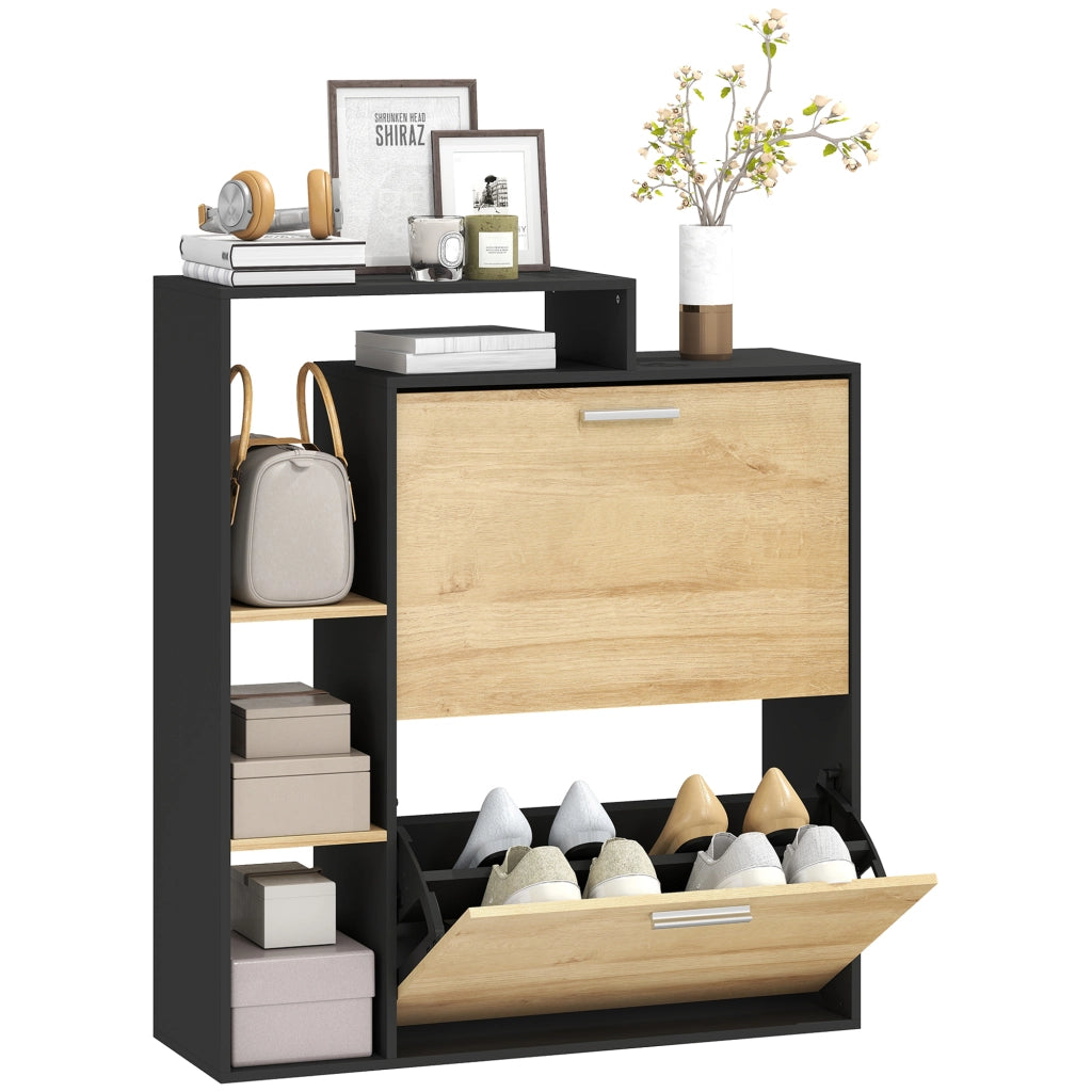 Mobile Portascarpe con 2 Cassetti a Ribalta e Ripiani ¨C Zephmum ¨C Nero e Legno Naturale