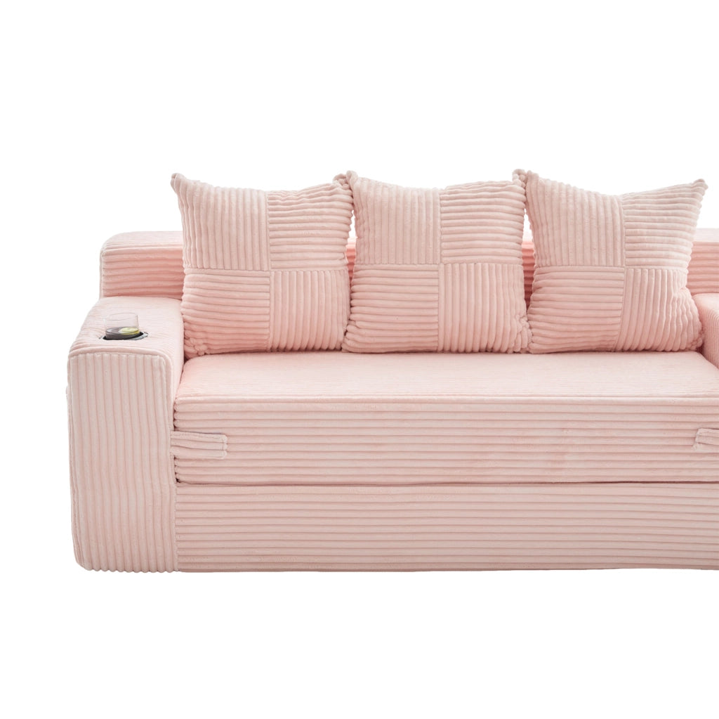 Divano modulare 2 posti in velluto a coste rosa; con portabicchieri e tasche laterali; 172 x 87 x 64 cm