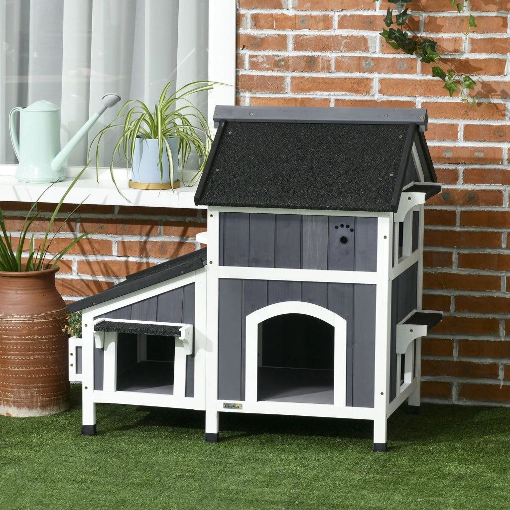 Casetta per Gatti a 2 Livelli in Legno da Esterno ¨C Zephmum ¨C Grigio 96x65x85.5 cm
