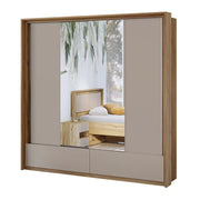Armadio a 2 porte con specchi, 2 cassetti, appendiabiti e 5 ripiani color rovere e beige.