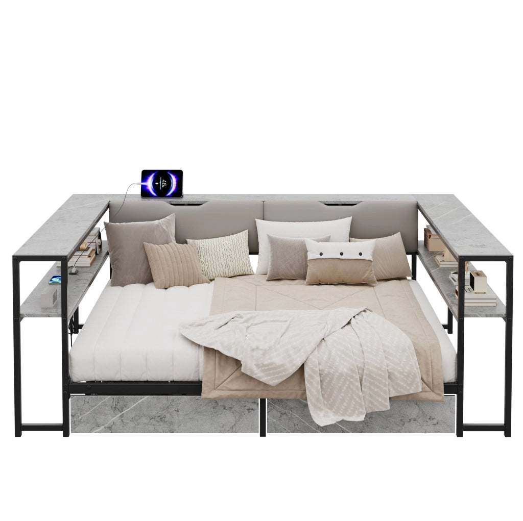 Letto imbottito 140x200 con USB, Type-C, 2 cassetti e vani contenitivi