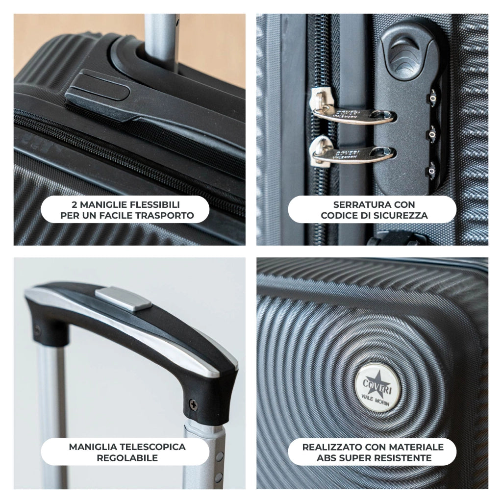 Coveri Set Di 3 Valigie Rigide ABS Valigia Da Viaggio Con Chiusura Lucchetto Combinazione Grande Media Piccola Forti Resistenti Manico Telescopico Ruote Staccabili Trolley Nero