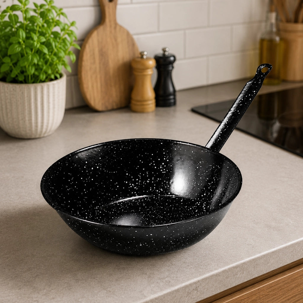 Padella Fonda Smaltata per Fritture,Wok, Cucina al Salto , Nera con Manico, Compatibile con Induzione, Gas, Cucina 30 cm