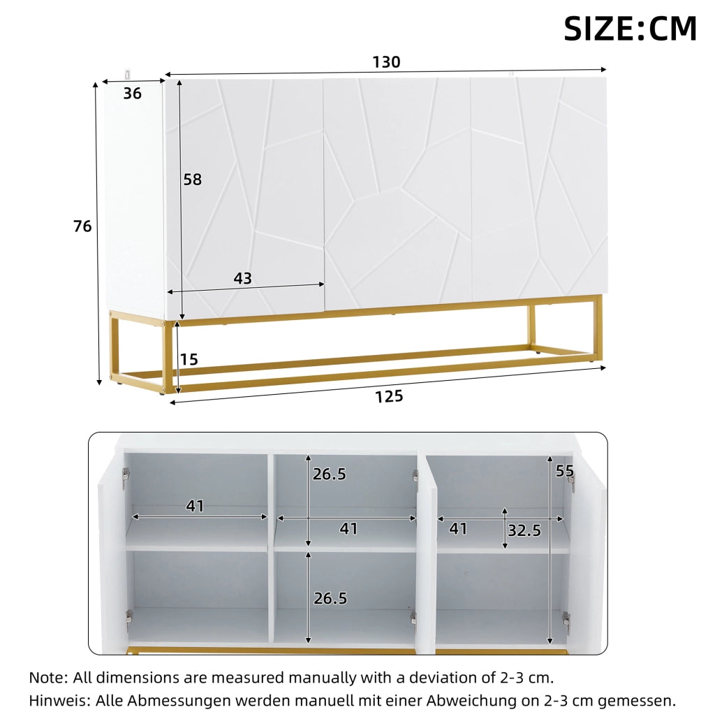 Credenza bassa 130x36x76 cm in truciolato bianco e oro， moderna
