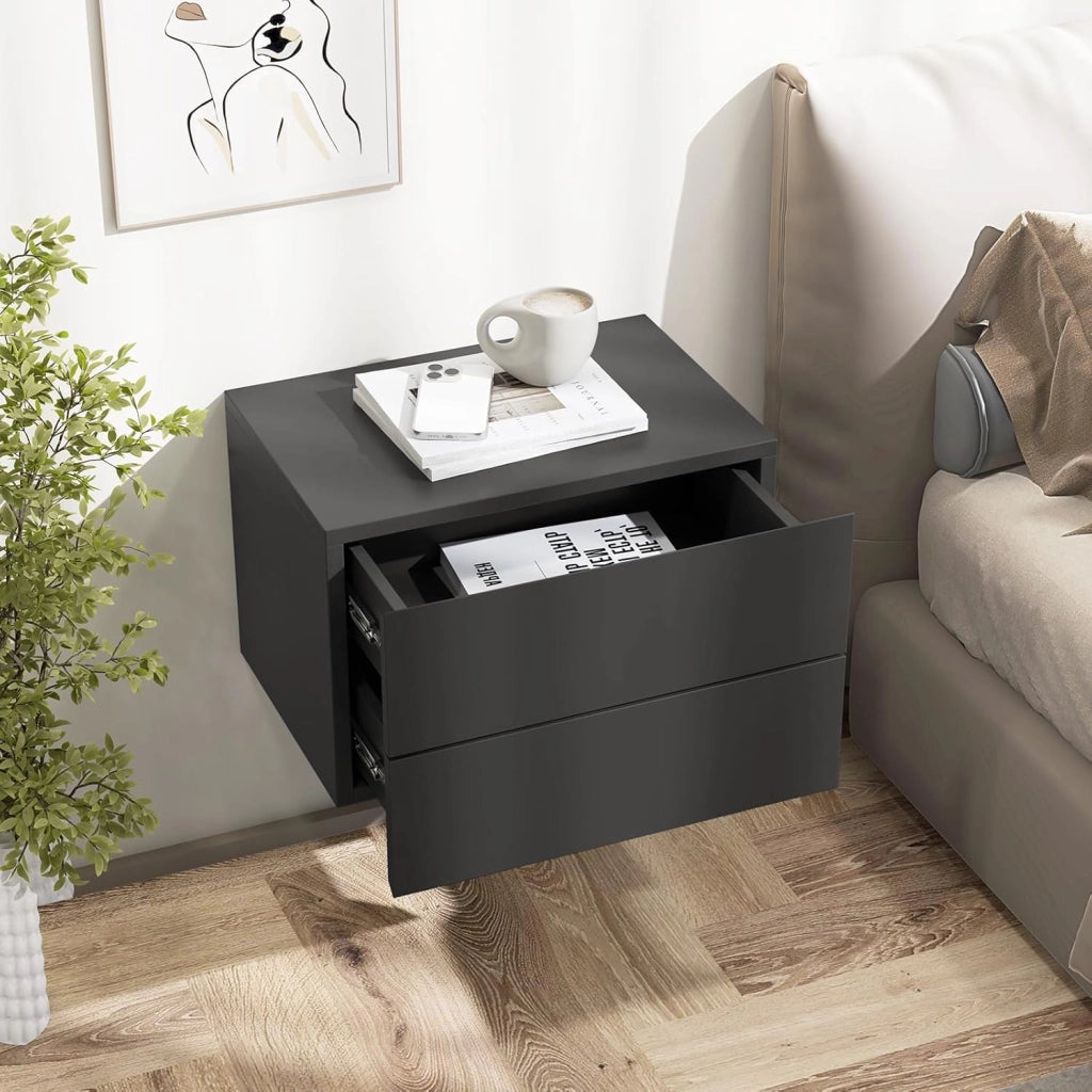 Comodino Camera da Letto Sospeso, Comodino in Legno con 2 Cassetti Salvaspazio, Comodino per Cameretta Moderno da Parete, per Soggiorno, 42 x 30 x 28 cm (Grigio)