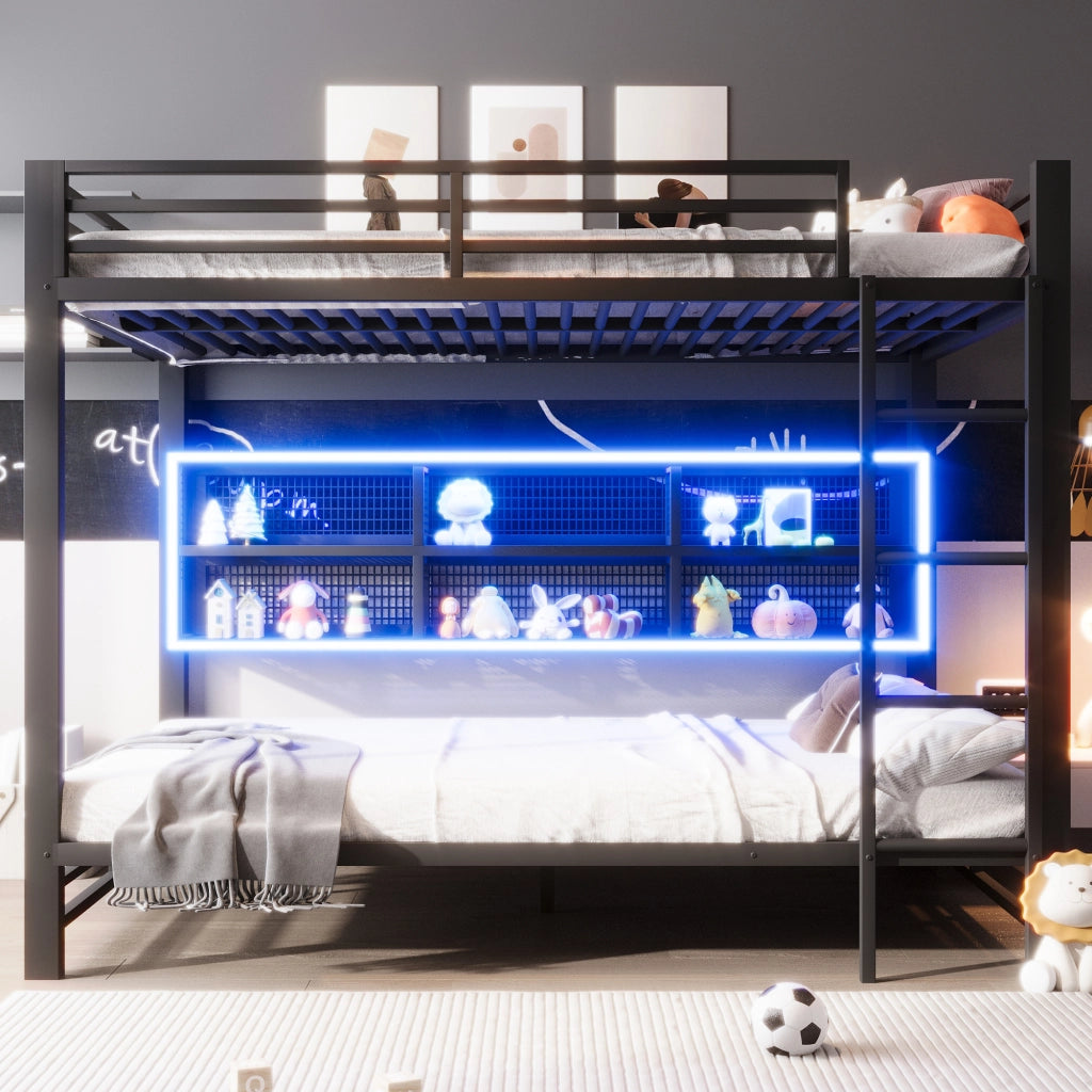 Letto a Castello 140x200 cm con 6 Armadi Portaoggetti e LED; in Metallo; Nero