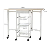 Carrello Portavivande Pieghevole a 6 Ruote con 3 Cestini, Cassetto e 2 Ribalte, Carrellino per Cucina in MDF e Metallo, 37x37x77.5 cm, Bianco e Legno