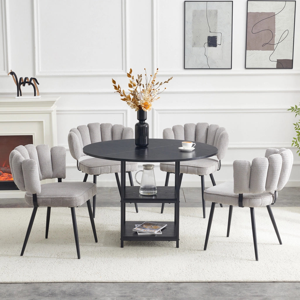 Set tavolo da pranzo e sedie con 1 tavolo rotondo e 4 sedie; 2 ripiani; in tessuto grigio; MDF e metallo nero