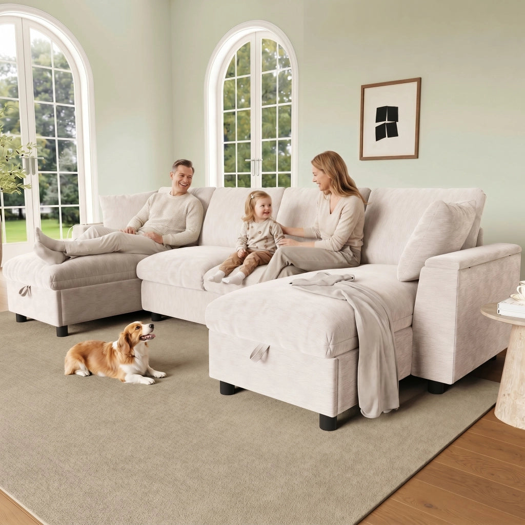 Divano a U con chaise longue e contenitore, porte USB e Type-C, in ciniglia beige, 279 × 135 × 84 cm
