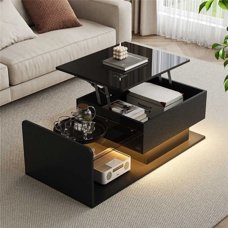 OKWISH Tavolino da Caffè Alzabile con Vetro Temperato, Vano Contenitore e LED, per Soggiorno, 100 x 50 x 33/47.5 cm, Nero