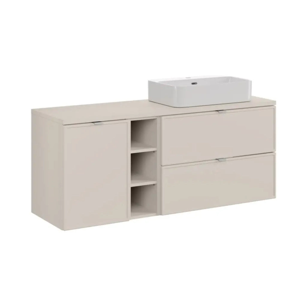 Set BRAZZA: mobile sottolavabo 140cm con nicchie visibili e cesto per la biancheria integrato + piano per lavabo + lavabo da appoggio