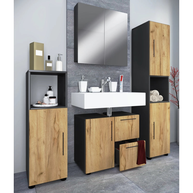Armonia di Ezooza  Set Bagno Completo 4 Pezzi Mobile Lavabo + Colonna + Pensile e armadietto a specchio, Antracite/Rovere ,