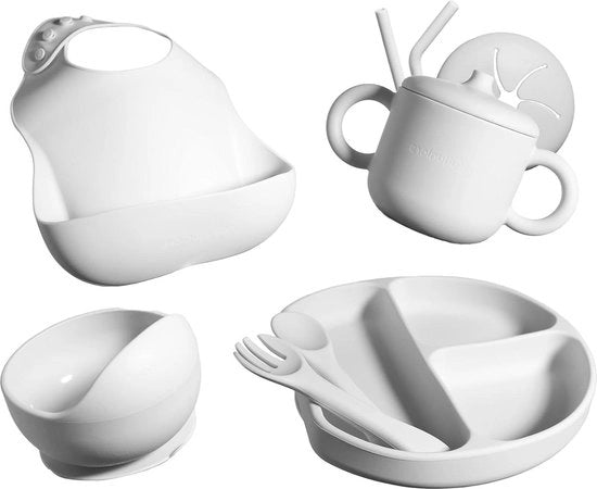 Set di alimentazione per bambini in silicone - servizi per bambini con beccuccio - insieme di alimentazione per bambini con cucchiai e bicchieri con leva - grigio
