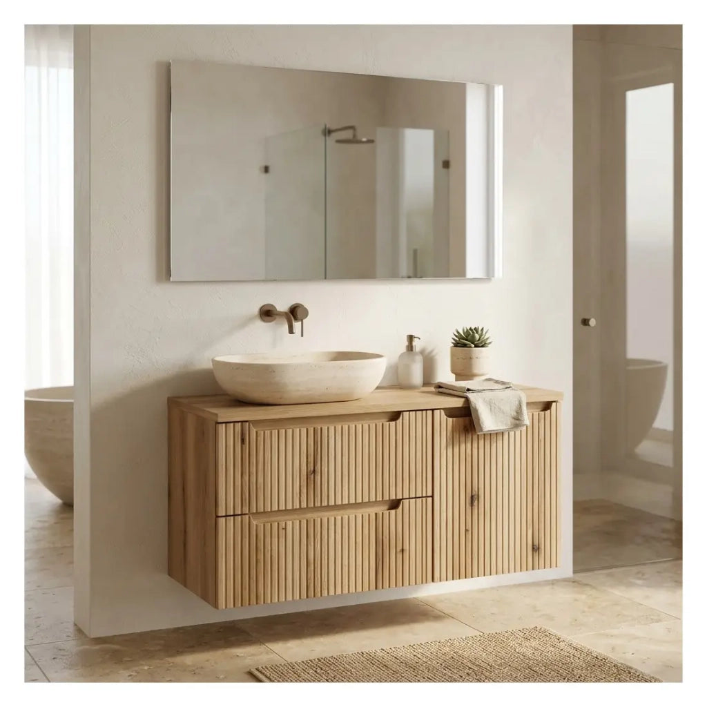 Set da bagno VANO in rovere chiaro 100cm: mobile sotto lavabo con cassetti e cesto per la biancheria integrato + piano per lavabo.